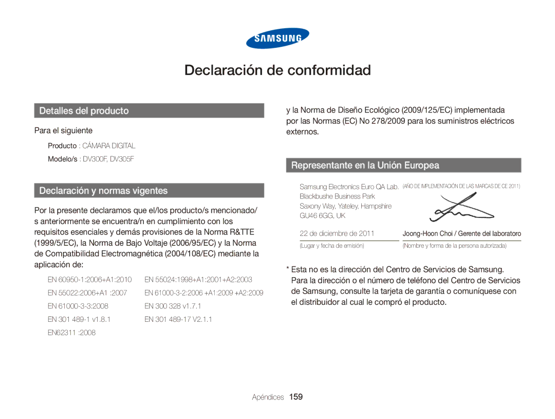 Samsung EC-DV300FBPBIL, EC-DV300FBPRE1, EC-DV300FBPBE1, EC-DV300FBPUE1 manual Declaración de conformidad, Para el siguiente 