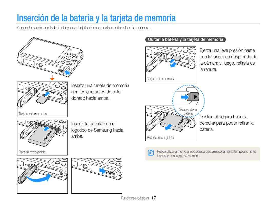 Samsung EC-DV300FBPRIL manual Inserción de la batería y la tarjeta de memoria, Quitar la batería y la tarjeta de memoria 