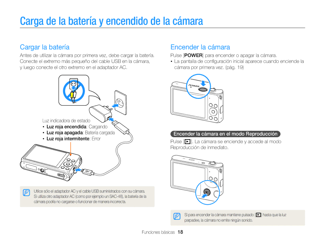 Samsung EC-DV300FBPBAE, EC-DV300FBPRE1 Carga de la batería y encendido de la cámara, Cargar la batería, Encender la cámara 