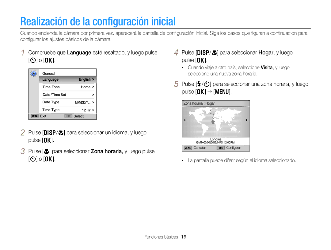 Samsung EC-DV300FBPBIL Realización de la conﬁguración inicial, La pantalla puede diferir según el idioma seleccionado 