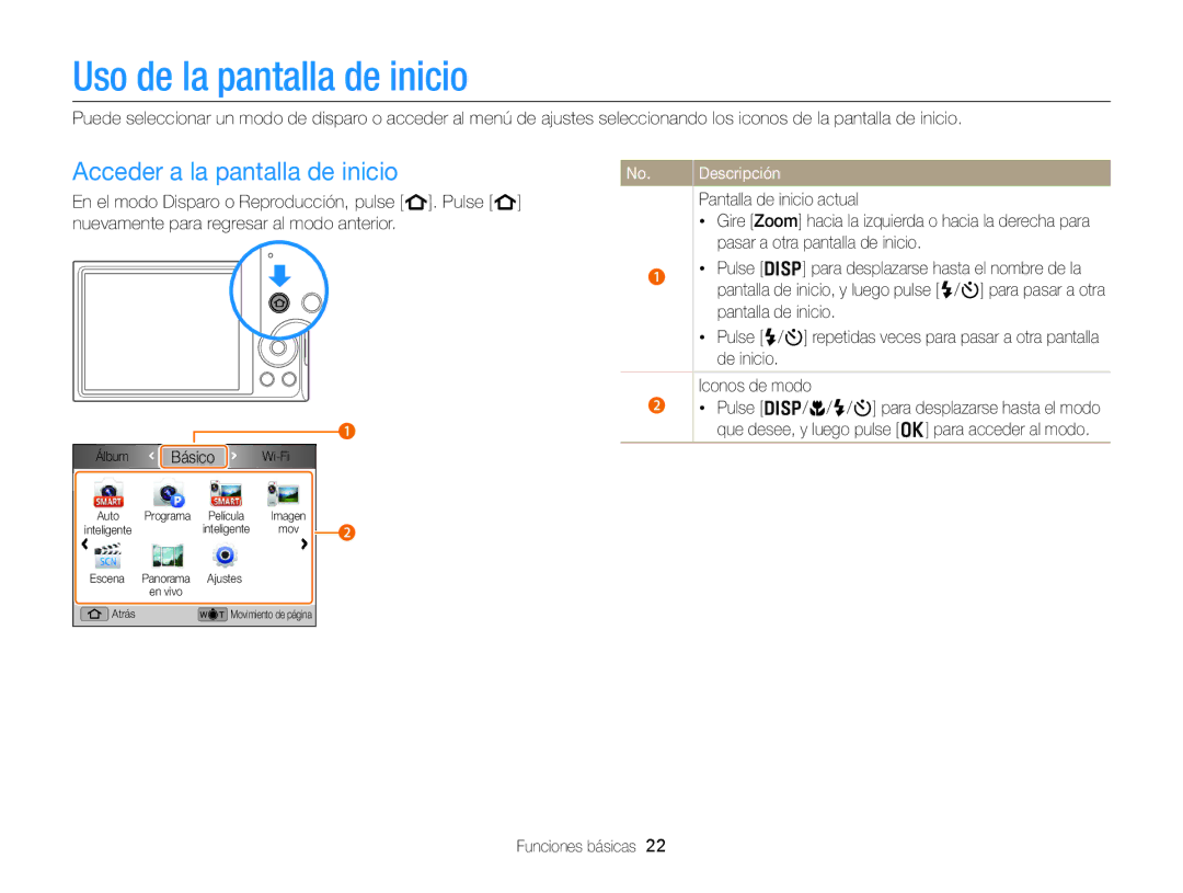 Samsung EC-DV300FBPUE1, EC-DV300FBPRE1 manual Uso de la pantalla de inicio, Acceder a la pantalla de inicio, Básico 