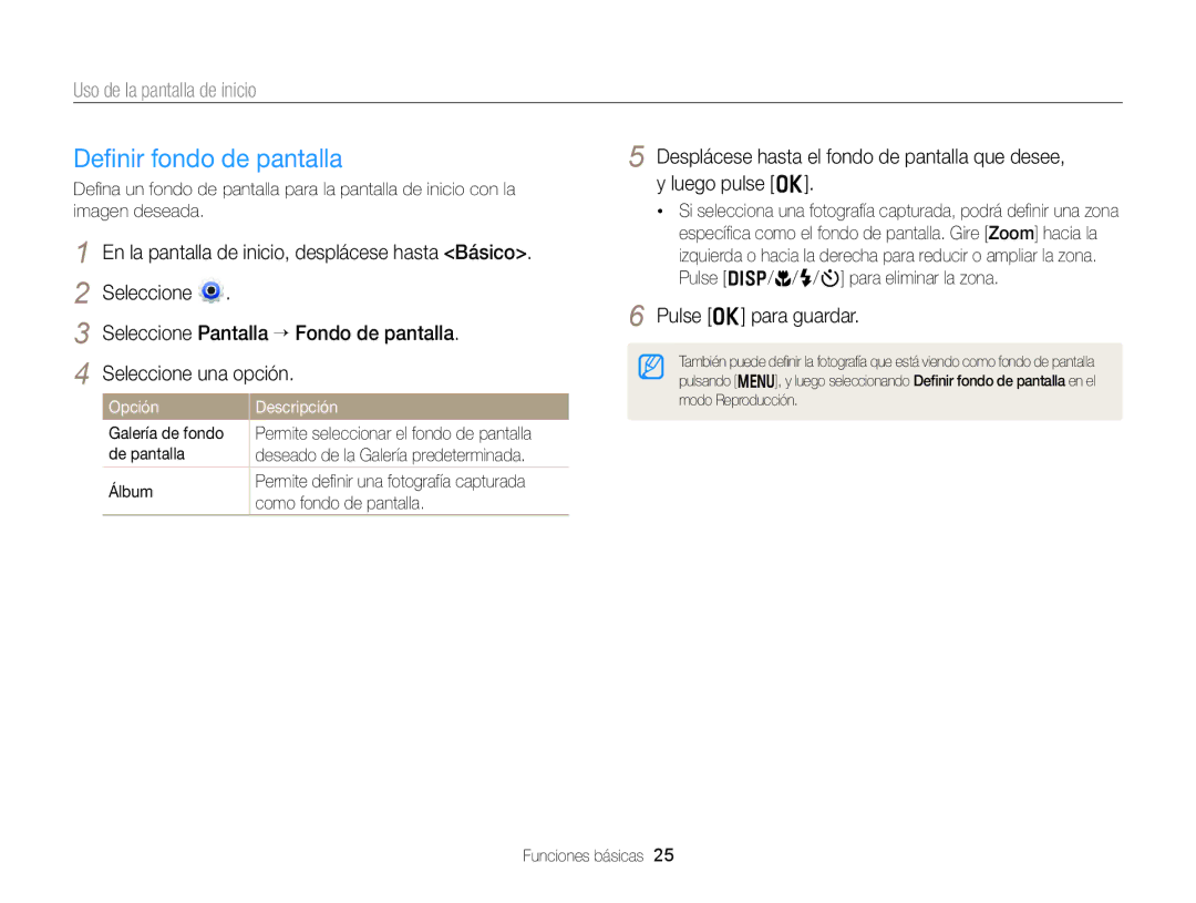 Samsung EC-DV300FBPBAE, EC-DV300FBPRE1 manual Deﬁnir fondo de pantalla, Pulse o para guardar, Como fondo de pantalla 