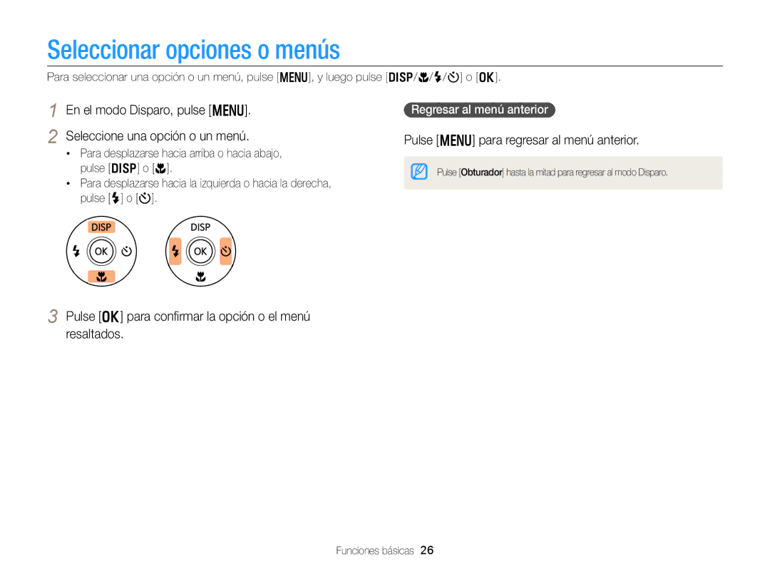 Samsung EC-DV300FBPBIL manual Seleccionar opciones o menús, En el modo Disparo, pulse m Seleccione una opción o un menú 