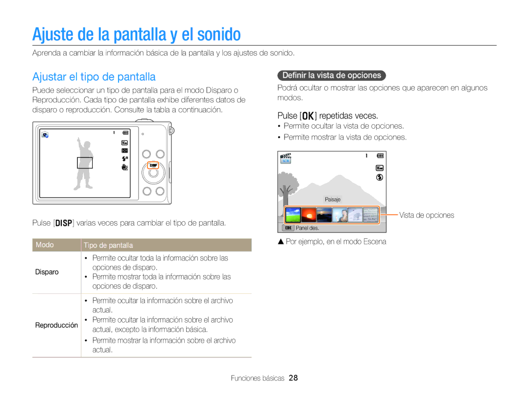 Samsung EC-DV300FBPBE1 manual Ajuste de la pantalla y el sonido, Ajustar el tipo de pantalla, Pulse o repetidas veces 