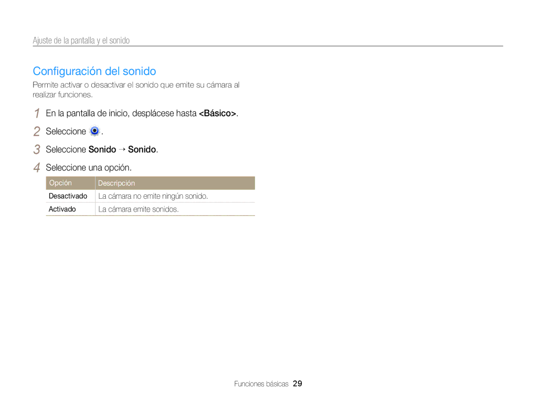 Samsung EC-DV300FBPUE1, EC-DV300FBPRE1, EC-DV300FBPBE1 manual Conﬁguración del sonido, Ajuste de la pantalla y el sonido 