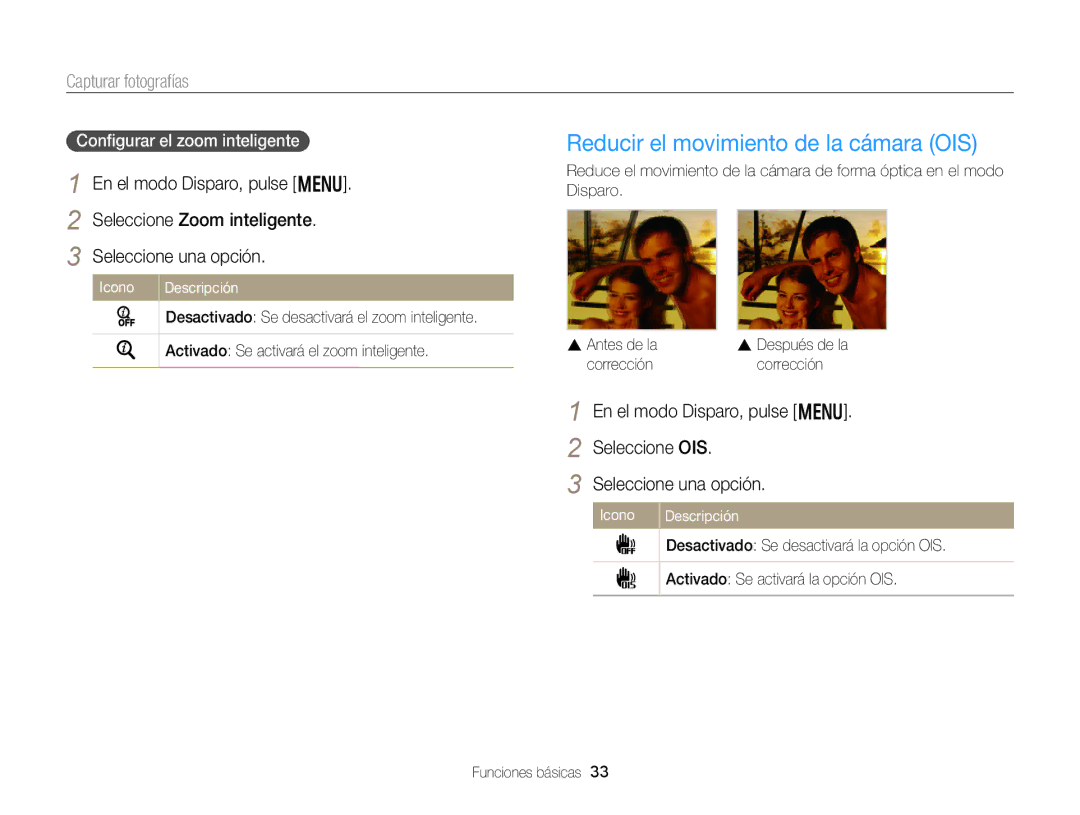 Samsung EC-DV300FBPBIL manual Reducir el movimiento de la cámara OIS, Seleccione Zoom inteligente Seleccione una opción 