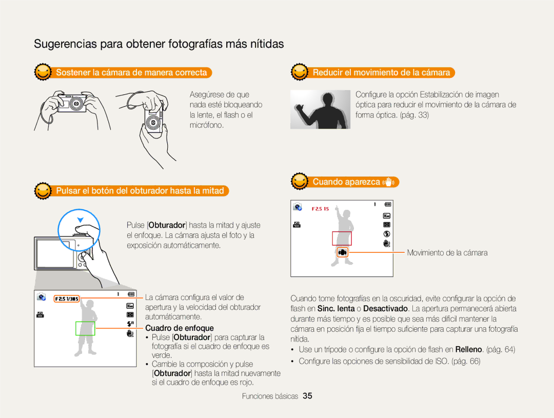 Samsung EC-DV300FBPBE1 manual Sostener la cámara de manera correcta, Reducir el movimiento de la cámara, Cuando aparezca 