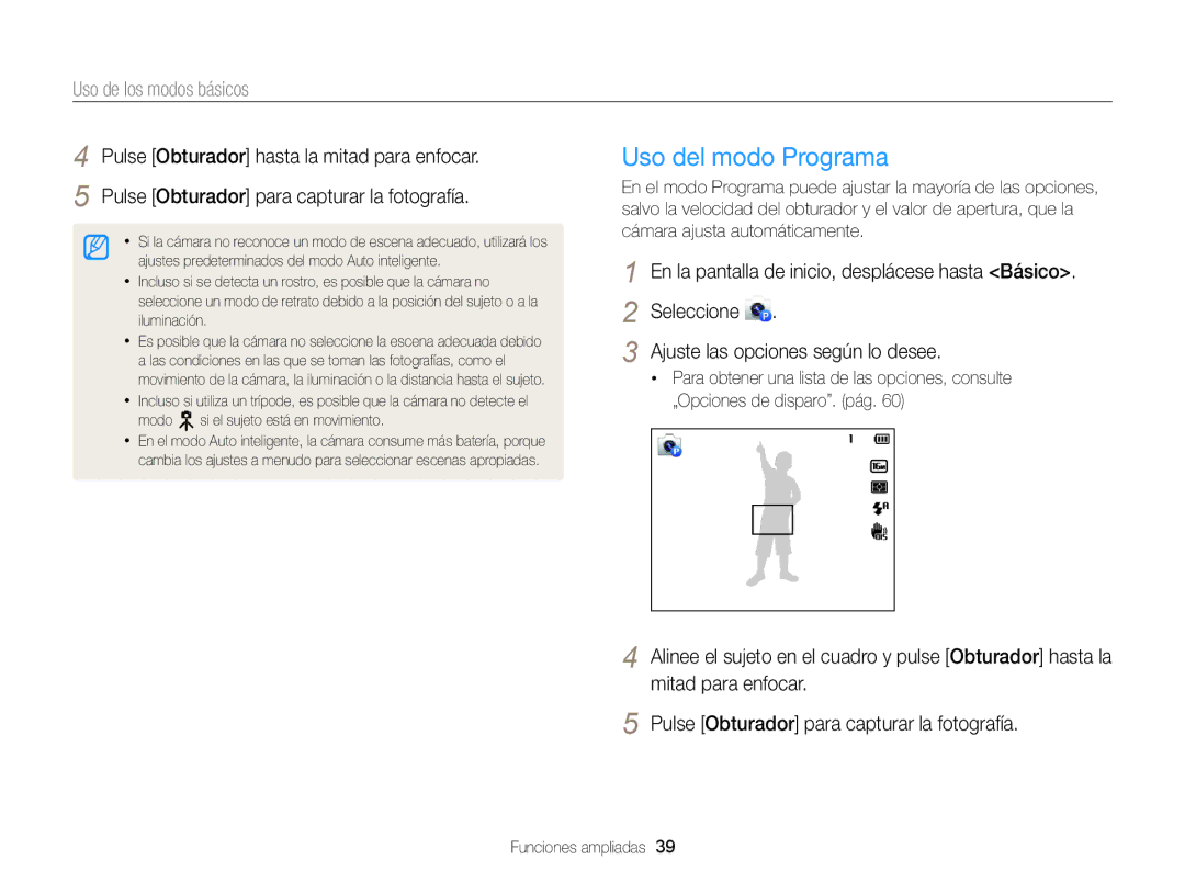 Samsung EC-DV300FBPBAE, EC-DV300FBPRE1, EC-DV300FBPBE1, EC-DV300FBPUE1 manual Uso del modo Programa, Uso de los modos básicos 