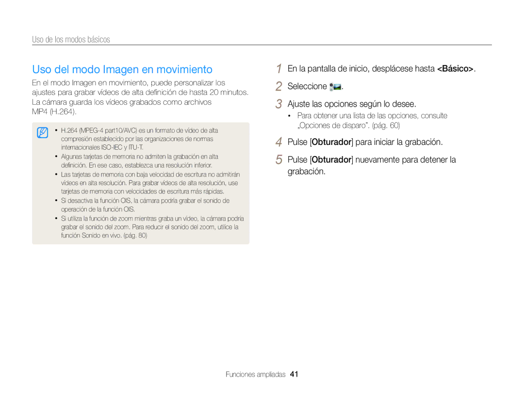 Samsung EC-DV300FBPRE1, EC-DV300FBPBE1, EC-DV300FBPUE1, EC-DV300FBPUIL manual Uso del modo Imagen en movimiento, MP4 H.264 