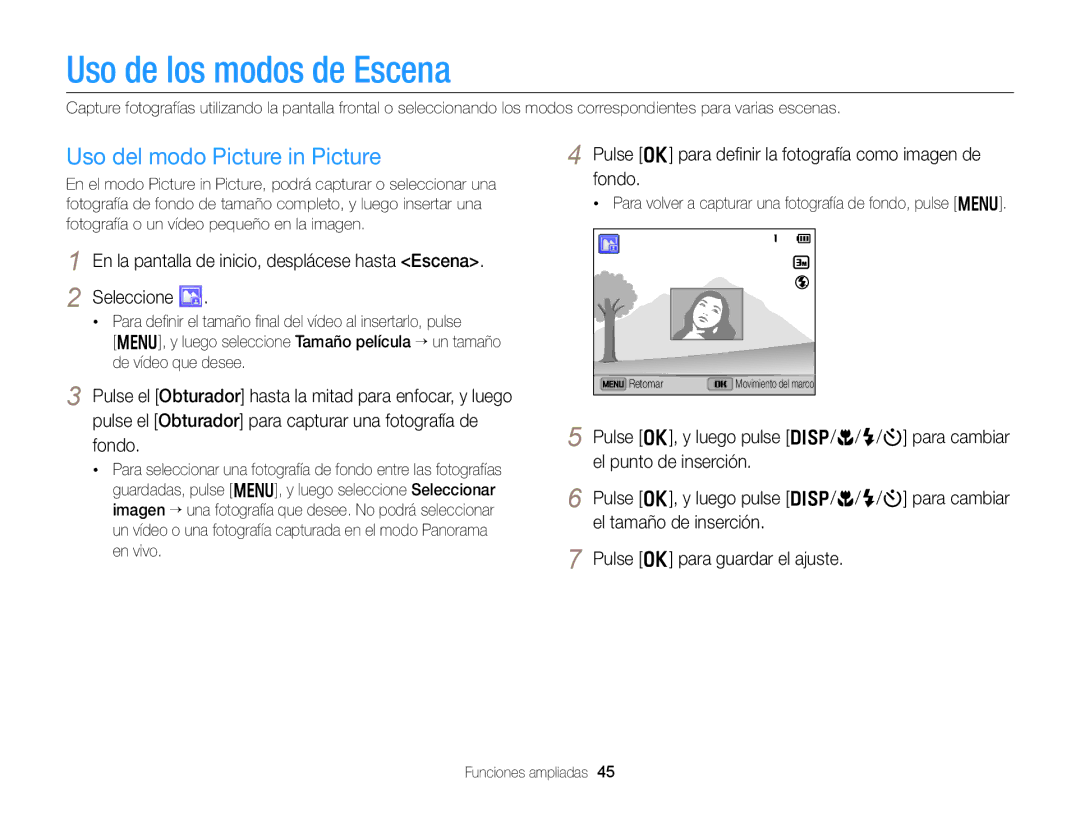 Samsung EC-DV300FBPRIL, EC-DV300FBPRE1, EC-DV300FBPBE1 manual Uso de los modos de Escena, Uso del modo Picture in Picture 