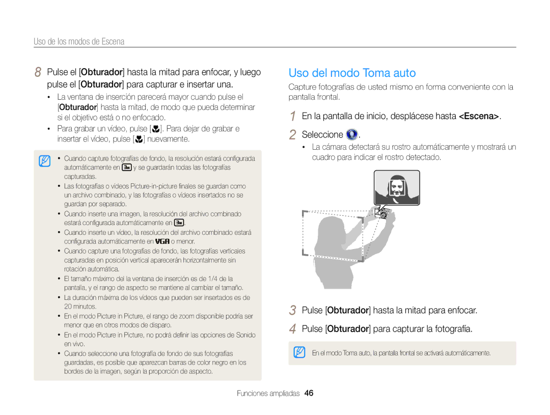Samsung EC-DV300FBPBAE, EC-DV300FBPRE1, EC-DV300FBPBE1, EC-DV300FBPUE1 Uso del modo Toma auto, Uso de los modos de Escena 