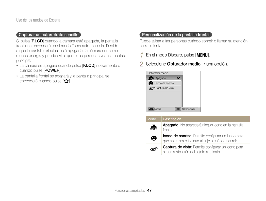 Samsung EC-DV300FBPBIL, EC-DV300FBPRE1, EC-DV300FBPBE1 En el modo Disparo, pulse m, Seleccione Obturador medio “ una opción 