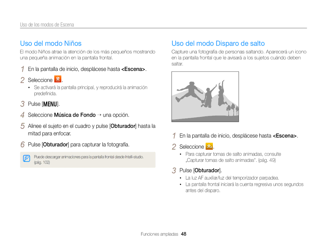 Samsung EC-DV300FBPRE1, EC-DV300FBPBE1, EC-DV300FBPUE1 Uso del modo Niños, Uso del modo Disparo de salto, Pulse Obturador 