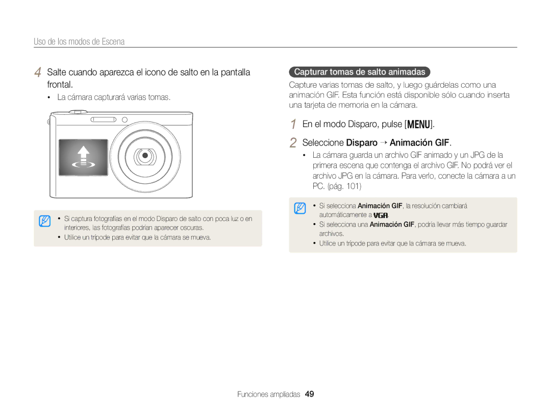 Samsung EC-DV300FBPBE1, EC-DV300FBPRE1, EC-DV300FBPUE1 La cámara capturará varias tomas, Capturar tomas de salto animadas 