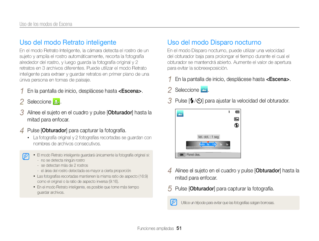 Samsung EC-DV300FBPUIL, EC-DV300FBPRE1, EC-DV300FBPBE1 manual Uso del modo Retrato inteligente, Uso del modo Disparo nocturno 