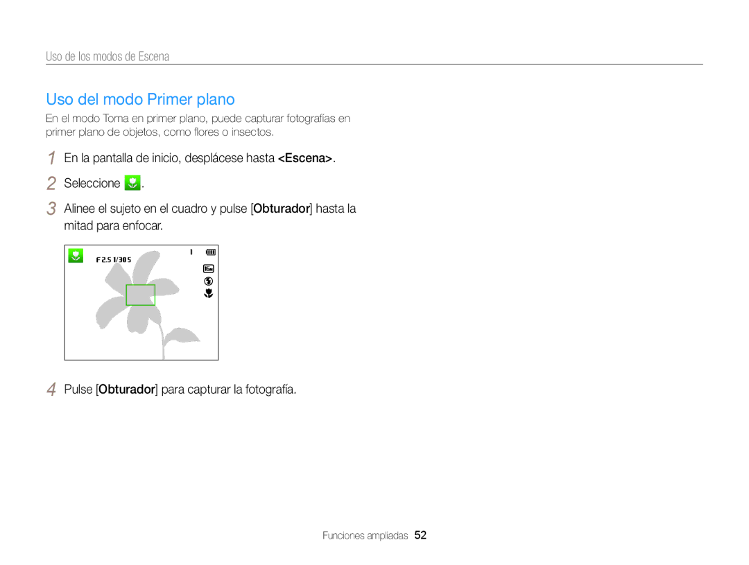 Samsung EC-DV300FBPRIL, EC-DV300FBPRE1, EC-DV300FBPBE1, EC-DV300FBPUE1, EC-DV300FBPUIL manual Uso del modo Primer plano 