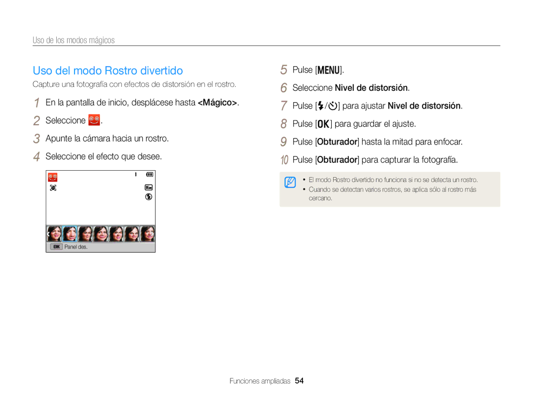 Samsung EC-DV300FBPBIL, EC-DV300FBPRE1, EC-DV300FBPBE1 manual Uso del modo Rostro divertido, Uso de los modos mágicos 