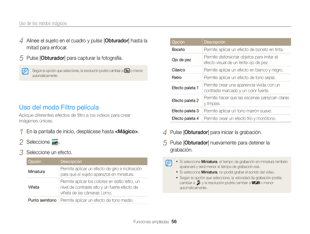 Samsung EC-DV300FBPBE1, EC-DV300FBPRE1, EC-DV300FBPUE1, EC-DV300FBPUIL, EC-DV300FBPRIL manual Uso del modo Filtro película 