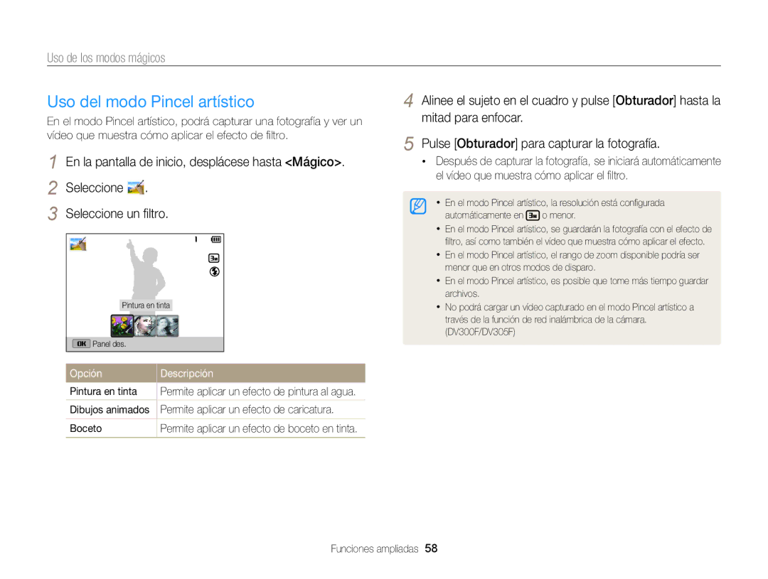 Samsung EC-DV300FBPUIL, EC-DV300FBPRE1, EC-DV300FBPBE1, EC-DV300FBPUE1 manual Uso del modo Pincel artístico, Pintura en tinta 