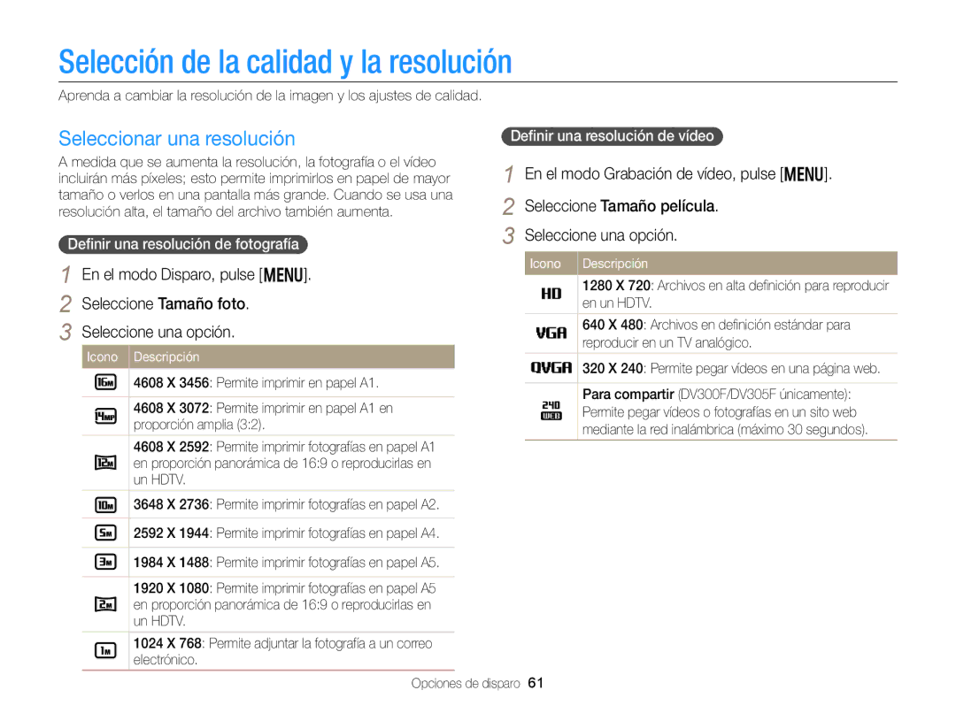 Samsung EC-DV300FBPBIL Selección de la calidad y la resolución, Seleccionar una resolución, Deﬁnir una resolución de vídeo 