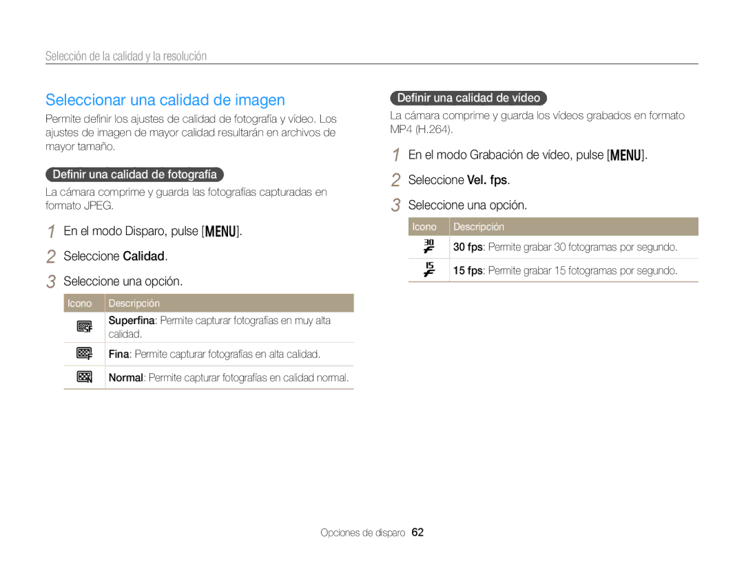 Samsung EC-DV300FBPRE1 Seleccionar una calidad de imagen, Selección de la calidad y la resolución, Seleccione Vel. fps 