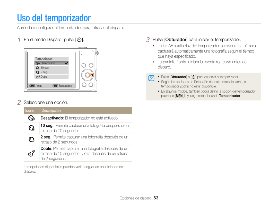 Samsung EC-DV300FBPBE1 Uso del temporizador, En el modo Disparo, pulse t, Pulse Obturador para iniciar el temporizador 