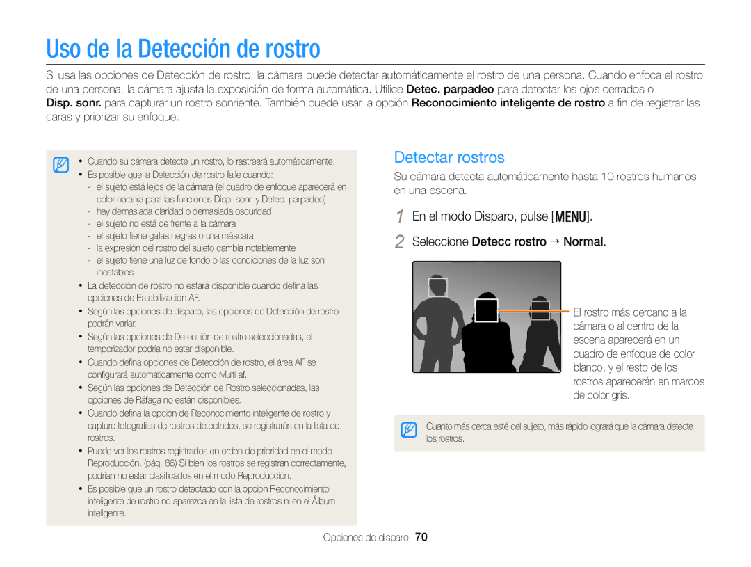 Samsung EC-DV300FBPBE1, EC-DV300FBPRE1, EC-DV300FBPUE1, EC-DV300FBPUIL manual Uso de la Detección de rostro, Detectar rostros 