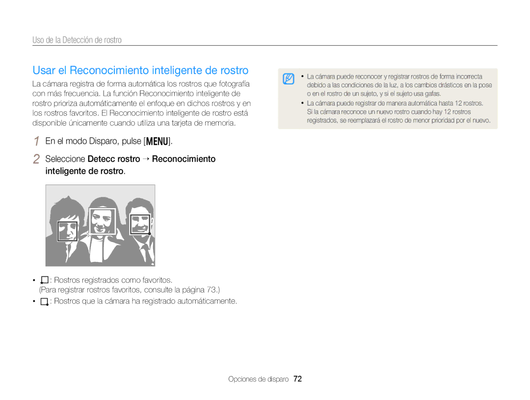 Samsung EC-DV300FBPUIL, EC-DV300FBPRE1 manual Usar el Reconocimiento inteligente de rostro, Uso de la Detección de rostro 