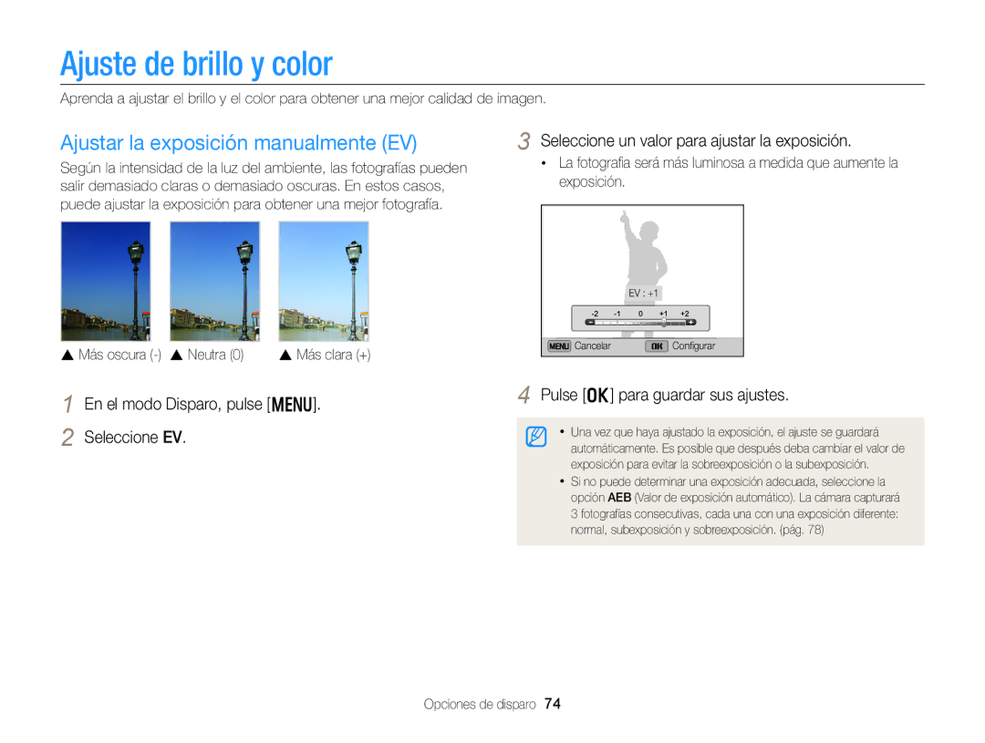 Samsung EC-DV300FBPBAE, EC-DV300FBPRE1, EC-DV300FBPBE1 Ajuste de brillo y color, Ajustar la exposición manualmente EV 