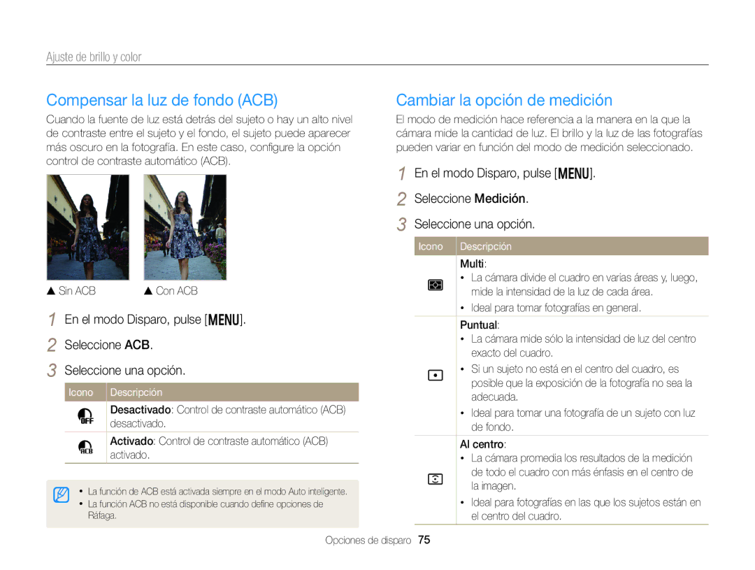 Samsung EC-DV300FBPBIL, EC-DV300FBPRE1, EC-DV300FBPBE1 manual Compensar la luz de fondo ACB, Ajuste de brillo y color 