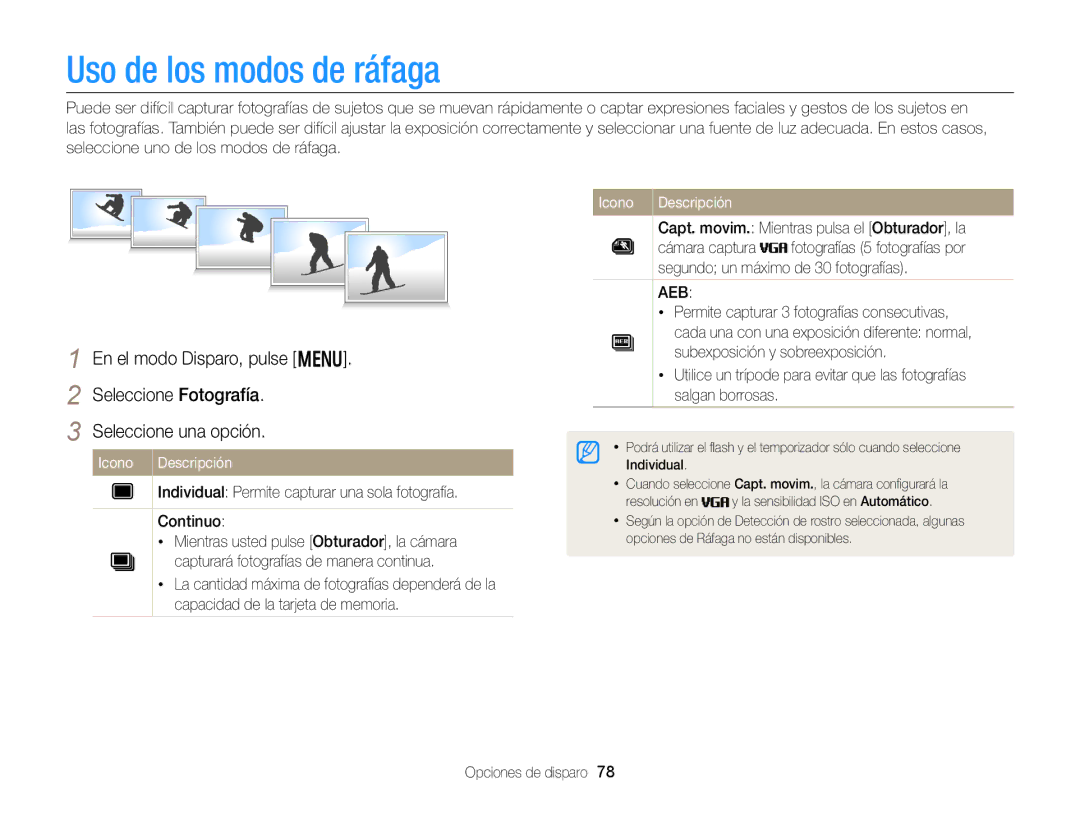 Samsung EC-DV300FBPUE1, EC-DV300FBPRE1 manual Uso de los modos de ráfaga, Capt. movim. Mientras pulsa el Obturador, la 