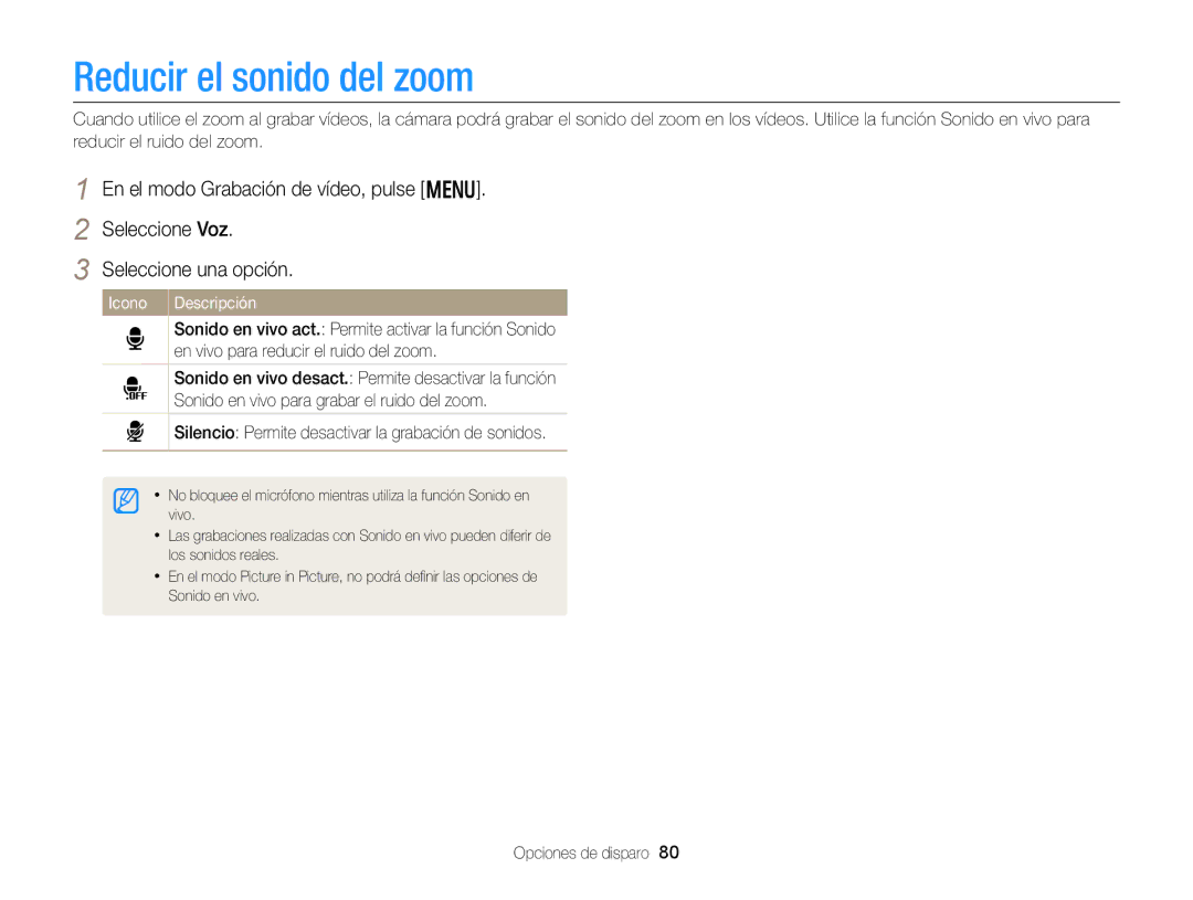 Samsung EC-DV300FBPRIL, EC-DV300FBPRE1, EC-DV300FBPBE1, EC-DV300FBPUE1, EC-DV300FBPUIL manual Reducir el sonido del zoom 