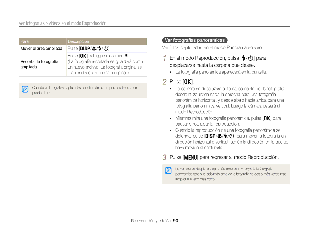 Samsung EC-DV300FBPRE1, EC-DV300FBPBE1 manual Pulse m para regresar al modo Reproducción, Ver fotografías panorámicas 