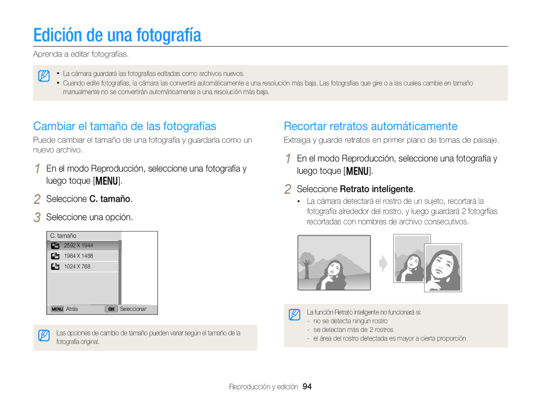 Samsung EC-DV300FBPRIL Edición de una fotografía, Cambiar el tamaño de las fotografías, Recortar retratos automáticamente 