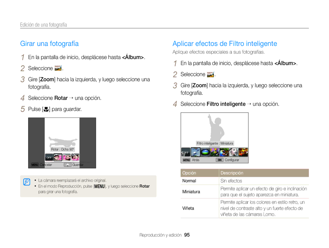 Samsung EC-DV300FBPBAE manual Girar una fotografía, Aplicar efectos de Filtro inteligente, Edición de una fotografía 