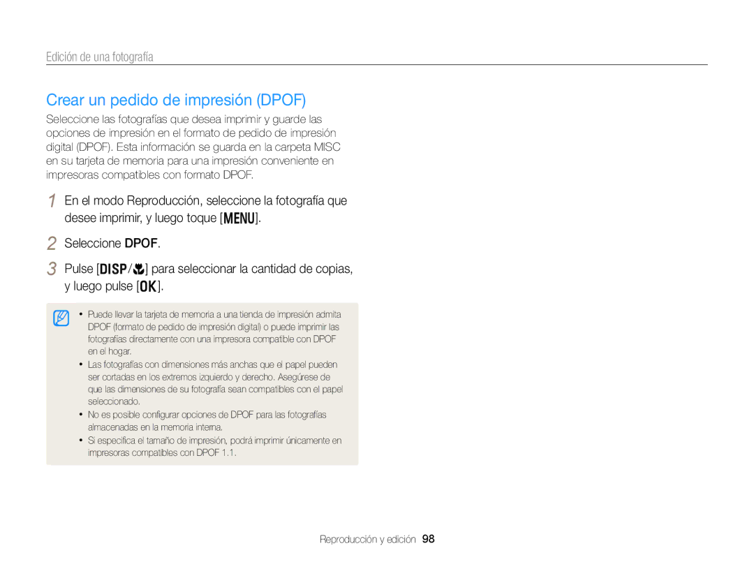 Samsung EC-DV300FBPBE1, EC-DV300FBPRE1, EC-DV300FBPUE1, EC-DV300FBPUIL, EC-DV300FBPRIL manual Crear un pedido de impresión Dpof 