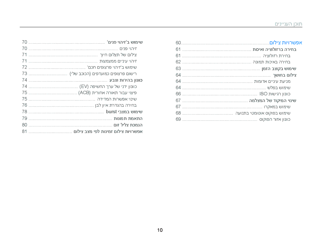 Samsung EC-DV300FBPUIL, EC-DV300FBPRE1, EC-DV300FBPUE1, EC-DV300FBPRIL, EC-DV300FBPBAE םיניינעה ןכות, ןבל ןויא תרדגהב הריחב 