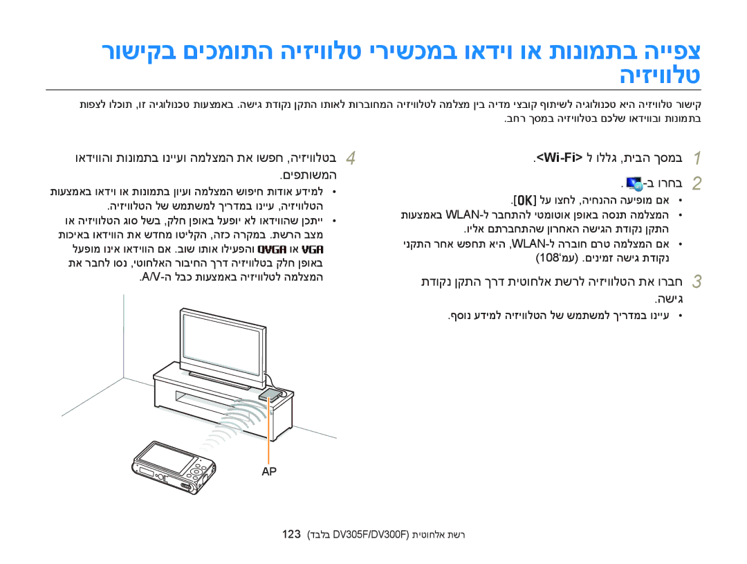 Samsung EC-DV300FBDUAE manual ואדיווהו תונומתב ונייעו המלצמה תא ושפח ,היזיוולטב םיפתושמה, Wi-Fiל וללג ,תיבה ךסמב ורחב 