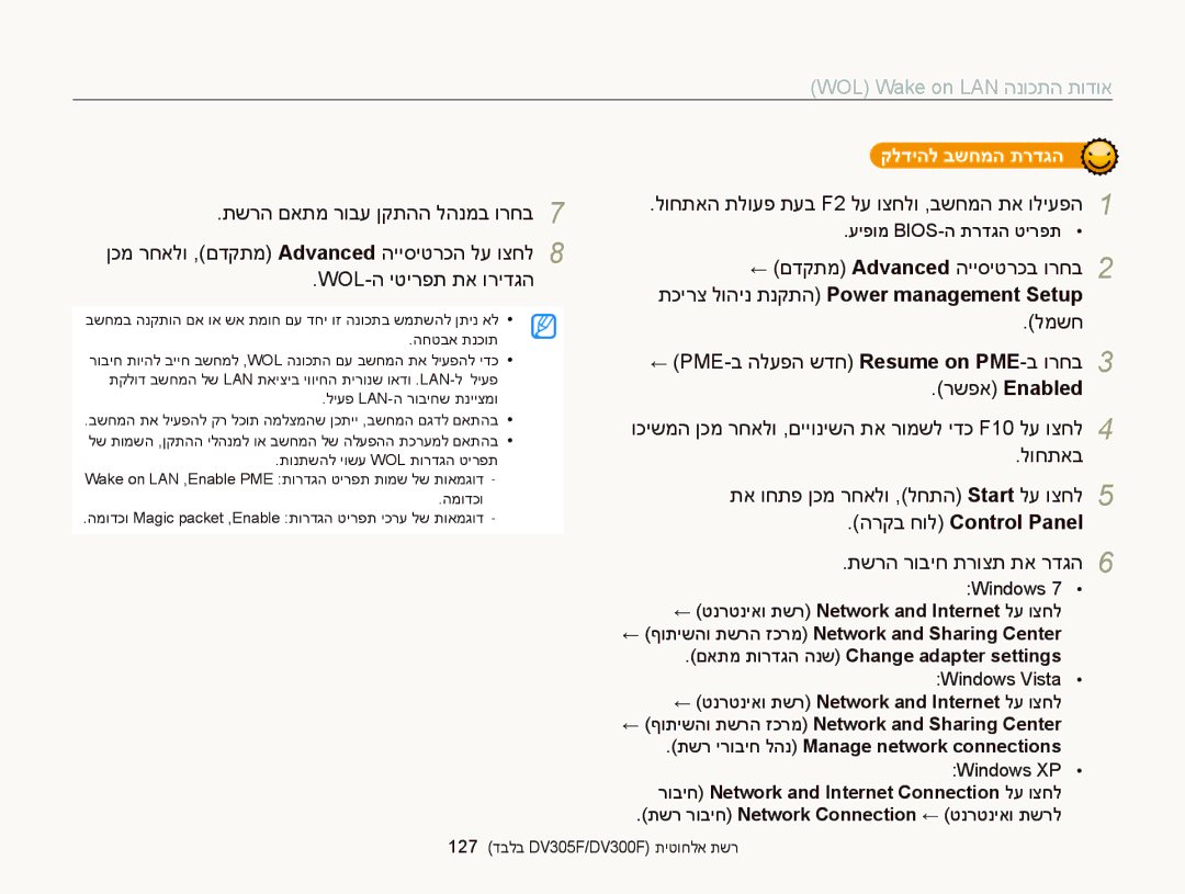 Samsung EC-DV300FBPUIL WOL Wake on LAN הנוכתה תודוא, תכירצ לוהינ תנקתה Power management Setup, הרקב חול Control Panel 