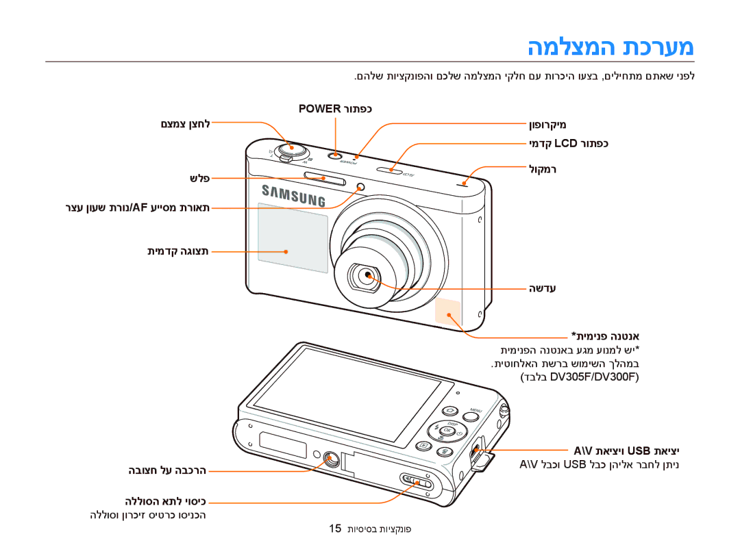 Samsung EC-DV300FBDUAE, EC-DV300FBPRE1, EC-DV300FBPUE1, EC-DV300FBPUIL, EC-DV300FBPRIL manual המלצמה תכרעמ, 15 תויסיסב תויצקנופ 