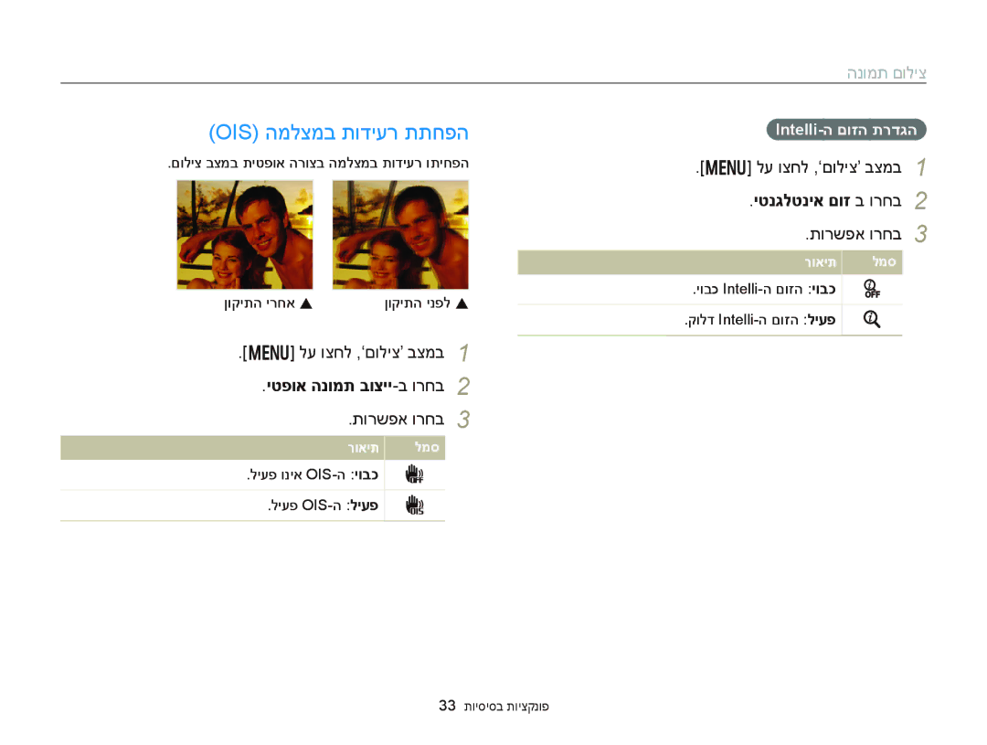 Samsung EC-DV300FBDUAE manual Ois המלצמב תודיער תתחפה, הנומת םוליצ, לע וצחל ,‘םוליצ’ בצמב, יטפוא הנומת בוציי-ב ורחב 