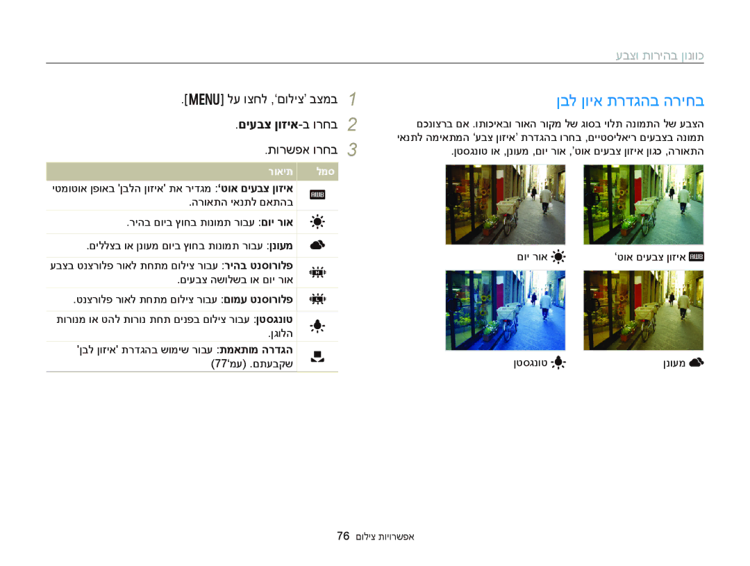 Samsung EC-DV300FBPBIL, EC-DV300FBPRE1, EC-DV300FBPUE1, EC-DV300FBPUIL manual ןבל ןויא תרדגהב הריחב, םיעבצ ןוזיא-ב ורחב 