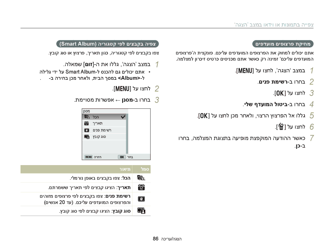 Samsung EC-DV300FBDBAE, EC-DV300FBPRE1, EC-DV300FBPUE1 manual ‘הגצה’ בצמב ואדיו וא תונומתב הייפצ, ילש ףדעומה לוטיב-ב ורחב 