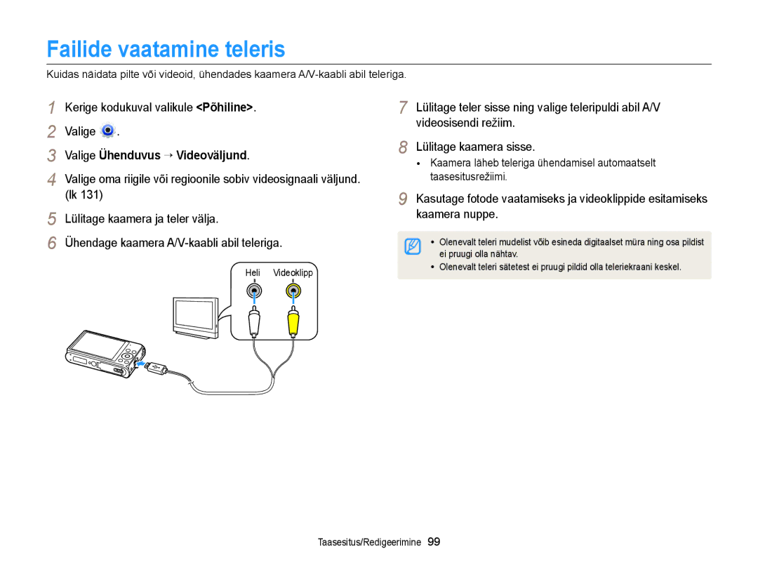 Samsung EC-DV300FBPUE2 manual Failide vaatamine teleris, Valige Ühenduvus “ Videoväljund, Lülitage kaamera ja teler välja 