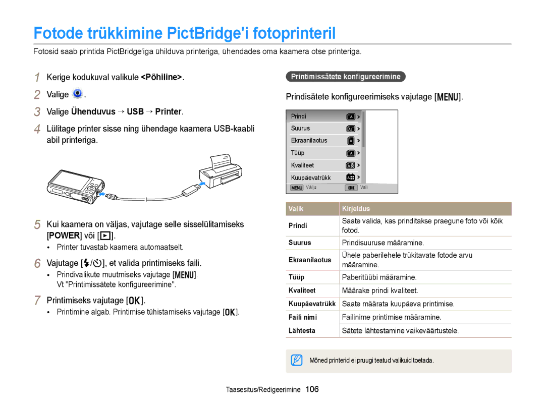 Samsung EC-DV300FBPBE2 Fotode trükkimine PictBridgei fotoprinteril, Valige Ühenduvus “ USB “ Printer, Abil printeriga 