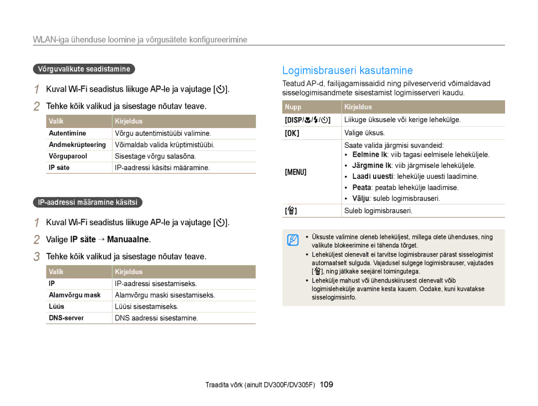 Samsung EC-DV300FBPUE2 manual Logimisbrauseri kasutamine, WLAN-iga ühenduse loomine ja võrgusätete konﬁgureerimine 