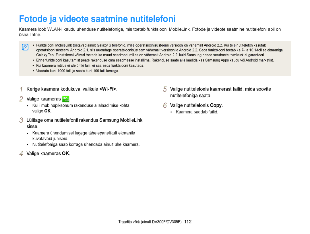 Samsung EC-DV300FBPBE2 Fotode ja videote saatmine nutitelefoni, Kerige kaamera kodukuval valikule Wi-Fi Valige kaameras 