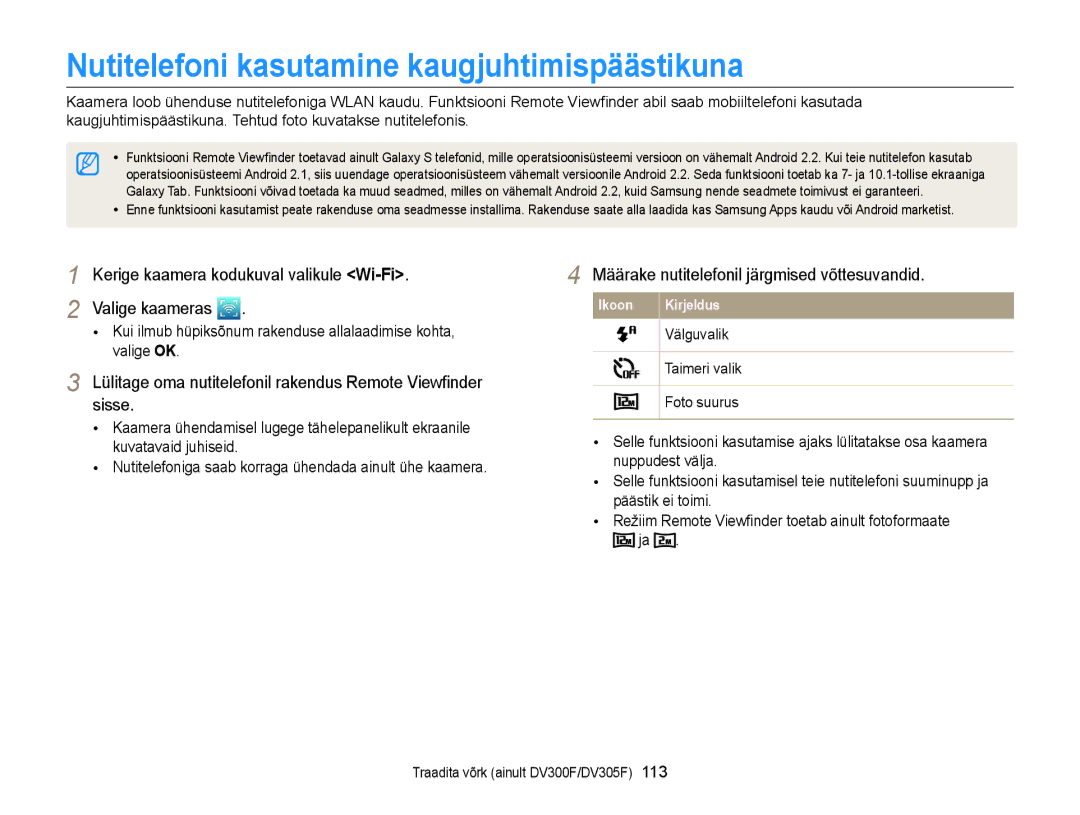 Samsung EC-DV300FBPUE2 manual Nutitelefoni kasutamine kaugjuhtimispäästikuna, Määrake nutitelefonil järgmised võttesuvandid 