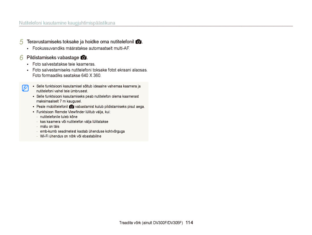 Samsung EC-DV300FBPBE2 Nutitelefoni kasutamine kaugjuhtimispäästikuna, Teravustamiseks toksake ja hoidke oma nutitelefonil 