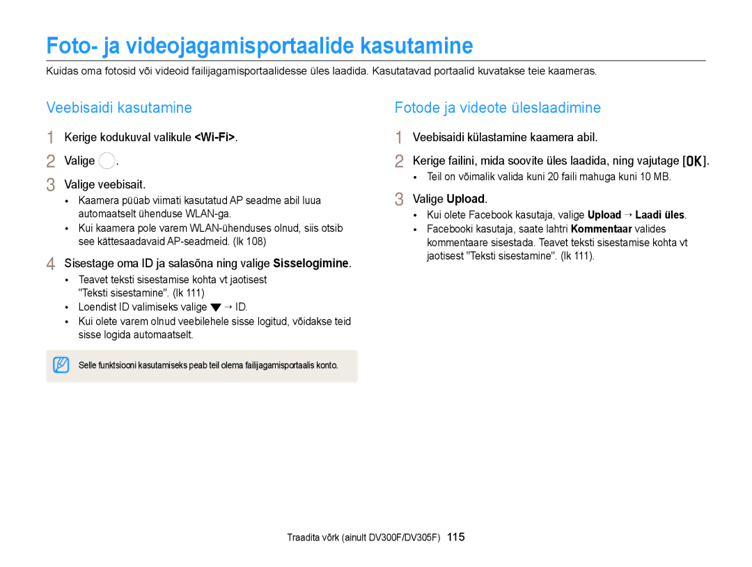 Samsung EC-DV300FBPUE2 Foto- ja videojagamisportaalide kasutamine, Veebisaidi kasutamine, Fotode ja videote üleslaadimine 